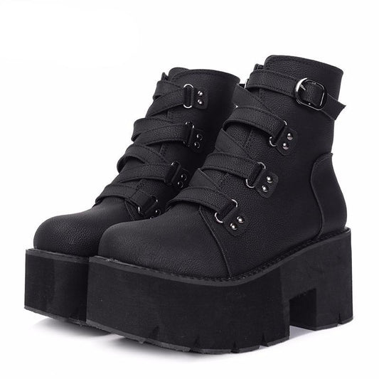 Spring Autumn Ankle Boots Women Platform Boots Rubber Sole Buckle Black Leather PU High Heels Shoes Woman Comfortable - LiveTrendsX