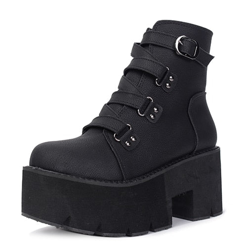 Spring Autumn Ankle Boots Women Platform Boots Rubber Sole Buckle Black Leather PU High Heels Shoes Woman Comfortable - LiveTrendsX