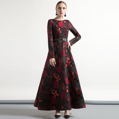 High Quality Elegant Women Long Sleeve Long Maxi Dress Fall Plus Size Floral Lady Jacquard Autum winter Dress vintage Fashion - LiveTrendsX