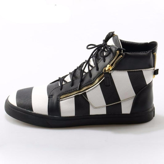Hot Men Zebra Stripe Leather High Top Thick Sole Casual Shoes Men Double Zipper Unisex Sneakers Flat Leisure Trainer Shoes - LiveTrendsX