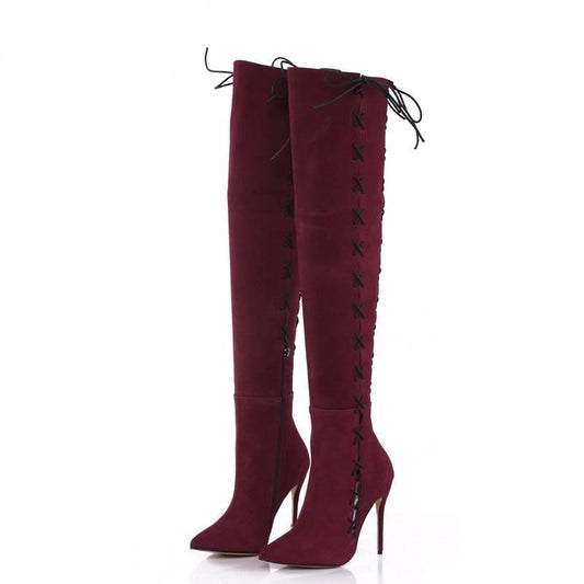 redwine genuine leather side lace-up thigh boots stiletto heels sexy autumn winter high booties - LiveTrendsX