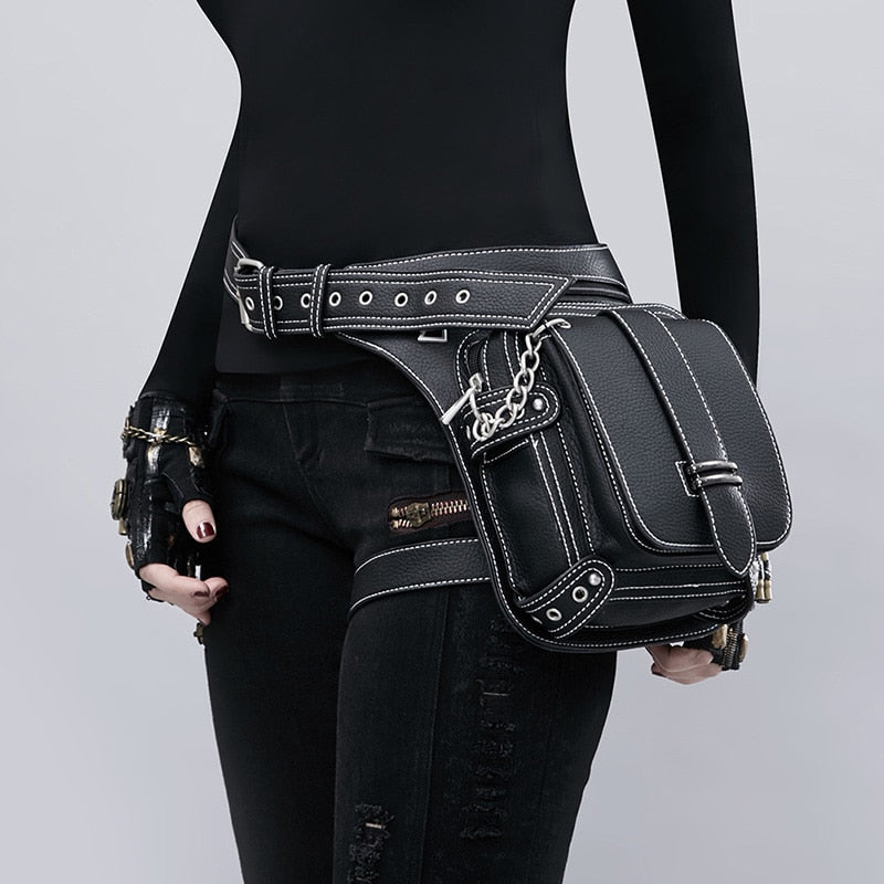 Black Leather Chain Outdoor Multi-function Gothic Retro Shoulder Messenger Bags Crossbody Steampunk Waist Bag Corset Accessories - LiveTrendsX