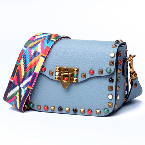 New ladies colored rivet leather square bag European and American trendy ladies leather diagonal bag shoulder bag - LiveTrendsX