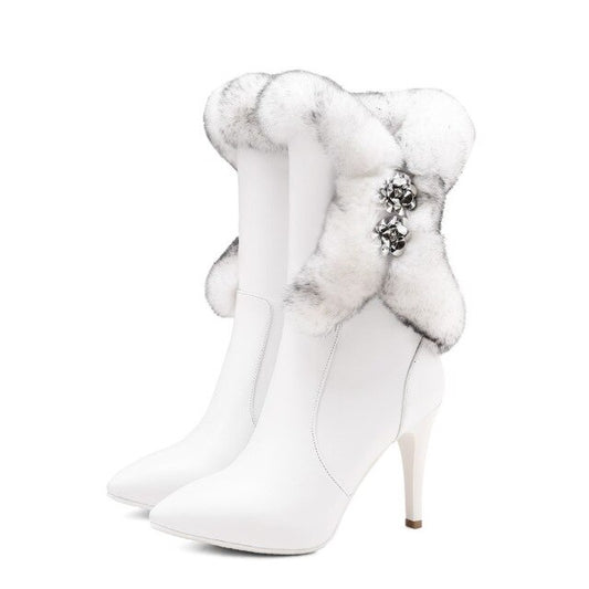 women Mid calf boots cow leather rabbit hair zippers crystal high heels platform winter boots  snow boots - LiveTrendsX