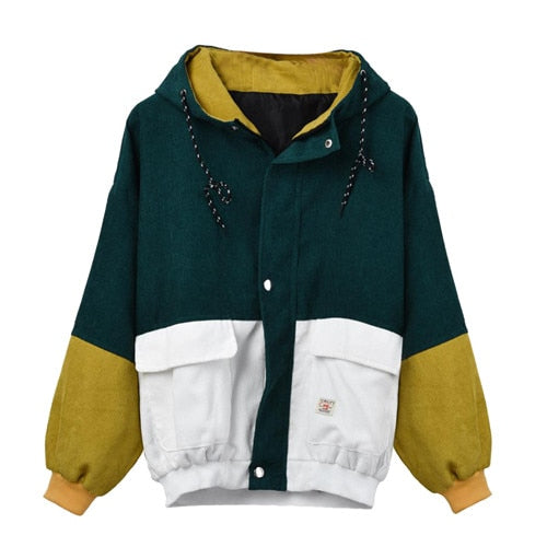 Harajuku Style Women Winter Warm Color Block Hooded Corduroy Jacket Long Sleeve Patchwork Oversize Zipper Jacket - LiveTrendsX