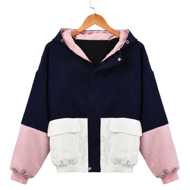 Harajuku Style Women Winter Warm Color Block Hooded Corduroy Jacket Long Sleeve Patchwork Oversize Zipper Jacket - LiveTrendsX