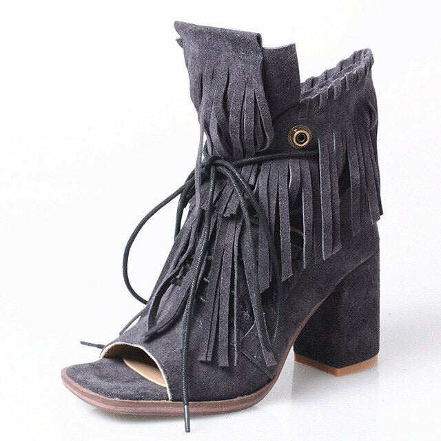 Full Fringed Women Ankle Boots Peep Toe Summer Boots Suede Chunky High Heels Tassels Lace Up Sandals Women Pumps - LiveTrendsX