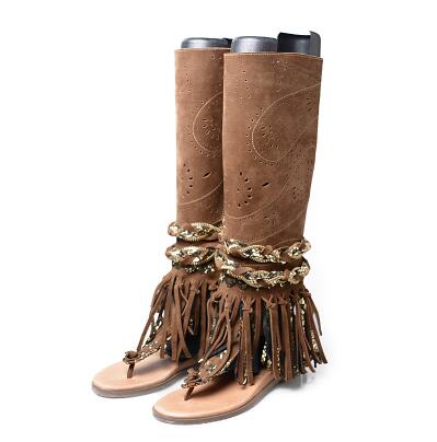 suede fringe clip toe sandals boots women carving hollow side zip flat heel summer boot females gladiator sandals - LiveTrendsX