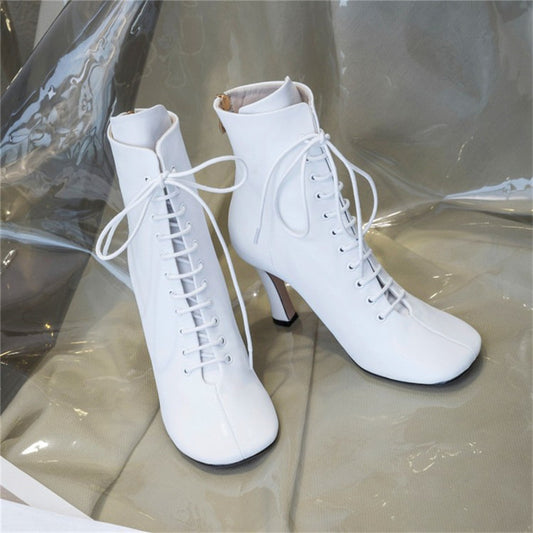 new black white genuine leather Short Boots high heels runway style shoes women round toe lace up Ankle Boots for women - LiveTrendsX