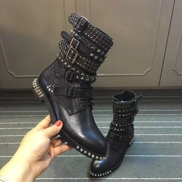 Women Black Genuine Leather Motorycycle Boots Studded Strapped Ankle Boots Punk Stylish Flats Winter Botas Mujer Spike Botines - LiveTrendsX