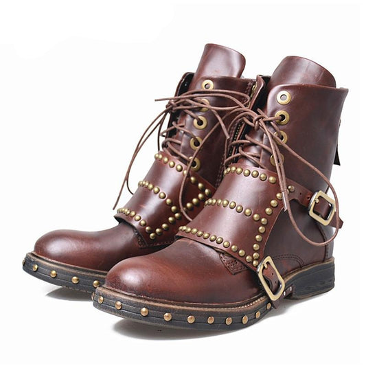 British Designer Women Ankle Boots Studded Winter Boot Shoes Woman Fashion Flats Ladies Boots Gladiator Lace Up Knight Botas - LiveTrendsX