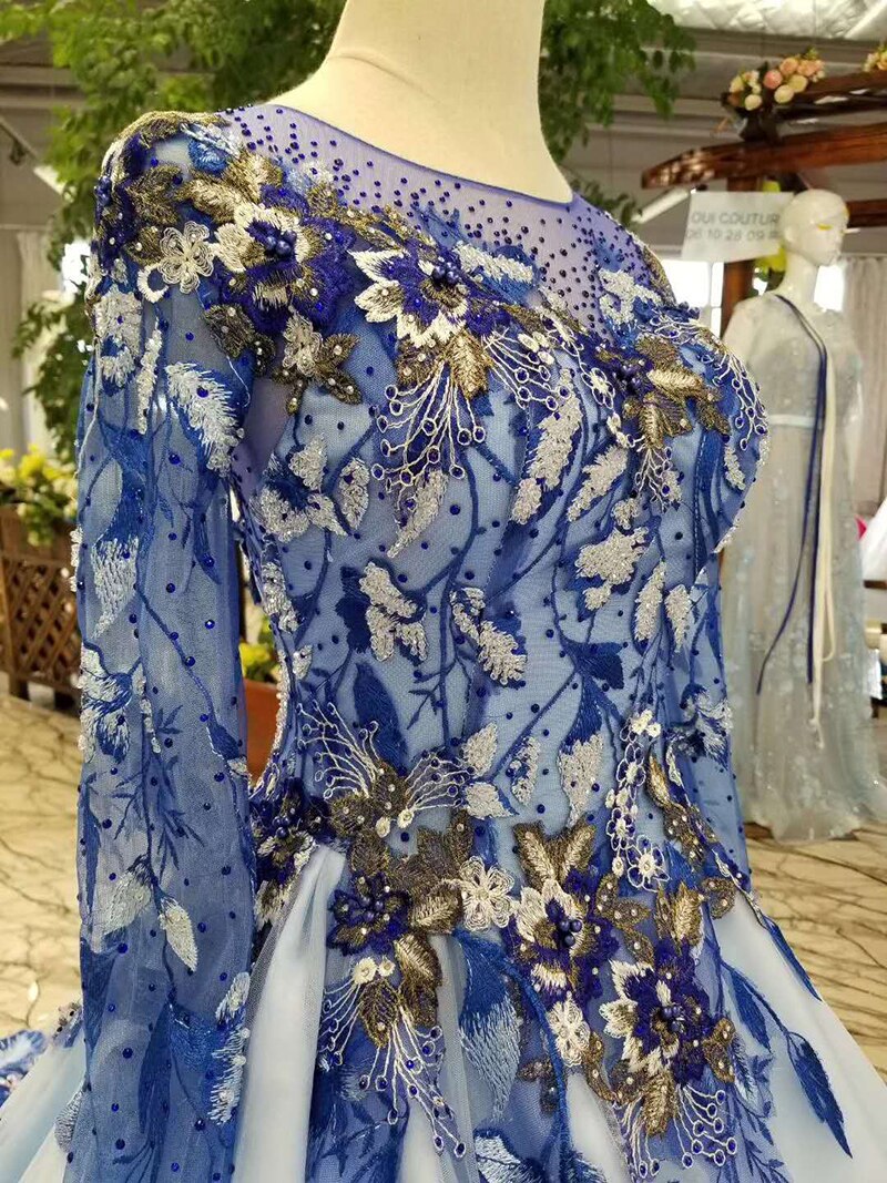 blue mothers of brides dresses O-neck long tulle sleeves a-line color muslim evening dress - LiveTrendsX