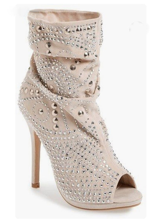 Women Open Toe Suede Leather Metal Rivet Studs Ankle Boots