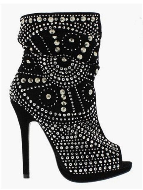 Women Open Toe Suede Leather Metal Rivet Studs Ankle Boots