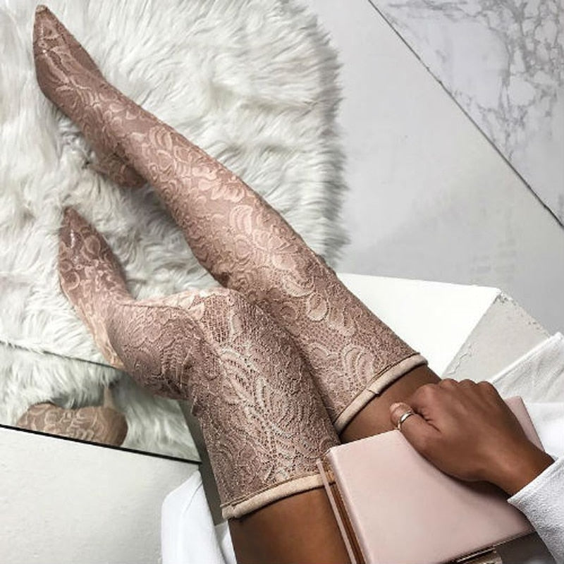 Sexy Ladies Spring Floral Lace Over Knee Boots Stiletto