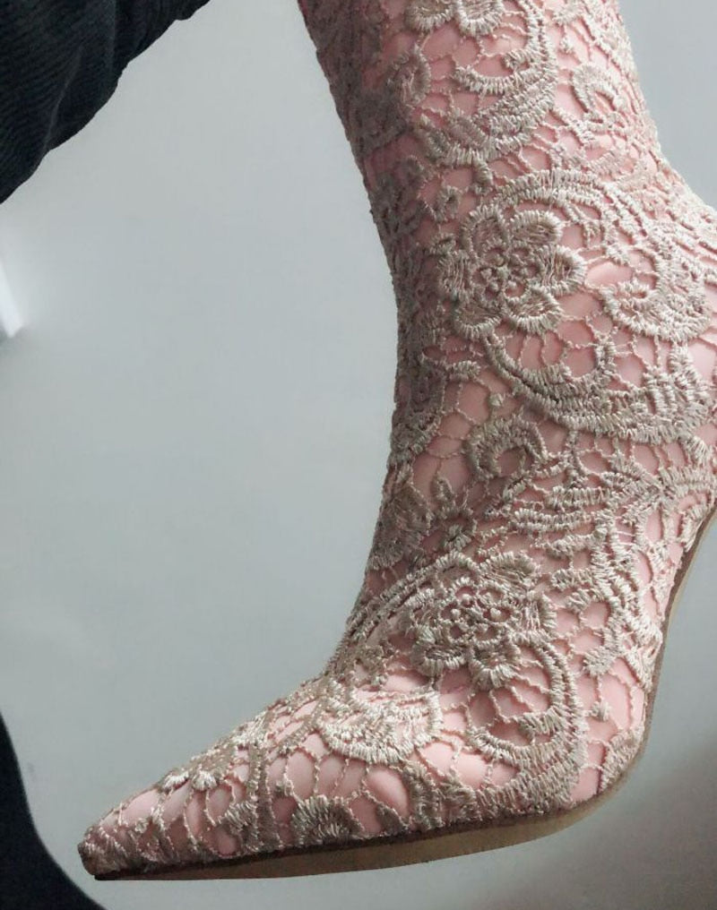 Sexy Ladies Spring Floral Lace Over Knee Boots Stiletto