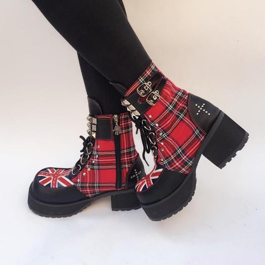 Fashion Black Plaids Rivet Gothic Punk Rock Lace-up Lolita Ankle Boots Block Heel Thick Platform Punk Lolita Cosplay Boots - LiveTrendsX