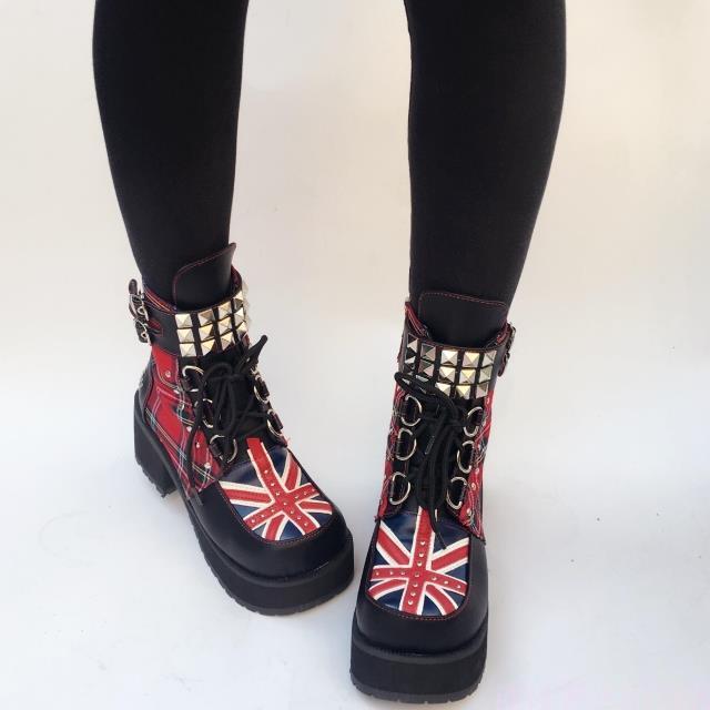 Fashion Black Plaids Rivet Gothic Punk Rock Lace-up Lolita Ankle Boots Block Heel Thick Platform Punk Lolita Cosplay Boots - LiveTrendsX