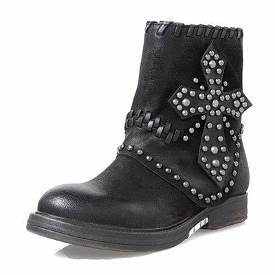 New Style Genuine Leather Rivets Cross Patchwork Motorcycle Boots Round Toe Zipper-Side Flat Women Short Boots - LiveTrendsX