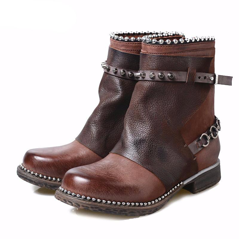 Women Handmade Leather Ankle Boots Side Zip Do Old Leather Retro Short Boots - LiveTrendsX