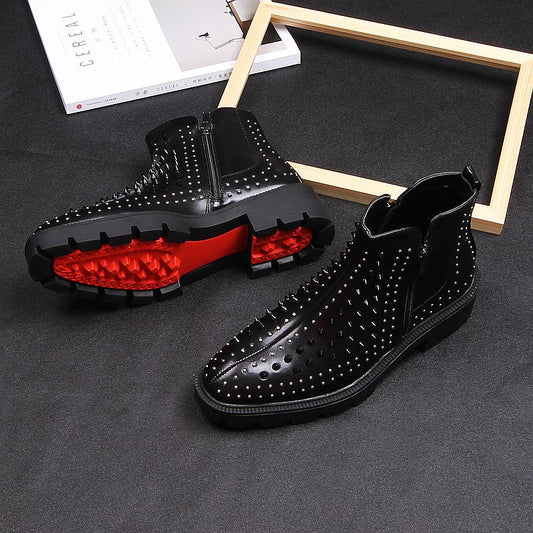 Men British Casual High Leather Rivet Short Boots Korean Trend Martin High heels Thick Man Black Stage Party Boots - LiveTrendsX