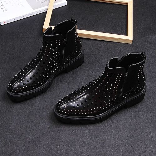 Men British Casual High Leather Rivet Short Boots Korean Trend Martin High heels Thick Man Black Stage Party Boots - LiveTrendsX
