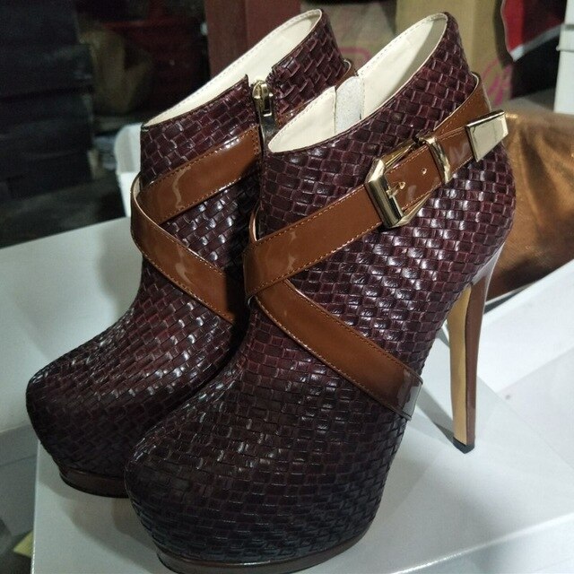 Fashion beautiful free shipping, black (brown) woven pattern PU, 14.5 cm high heel boots,ankle boots. SIZE:34-45 - LiveTrendsX