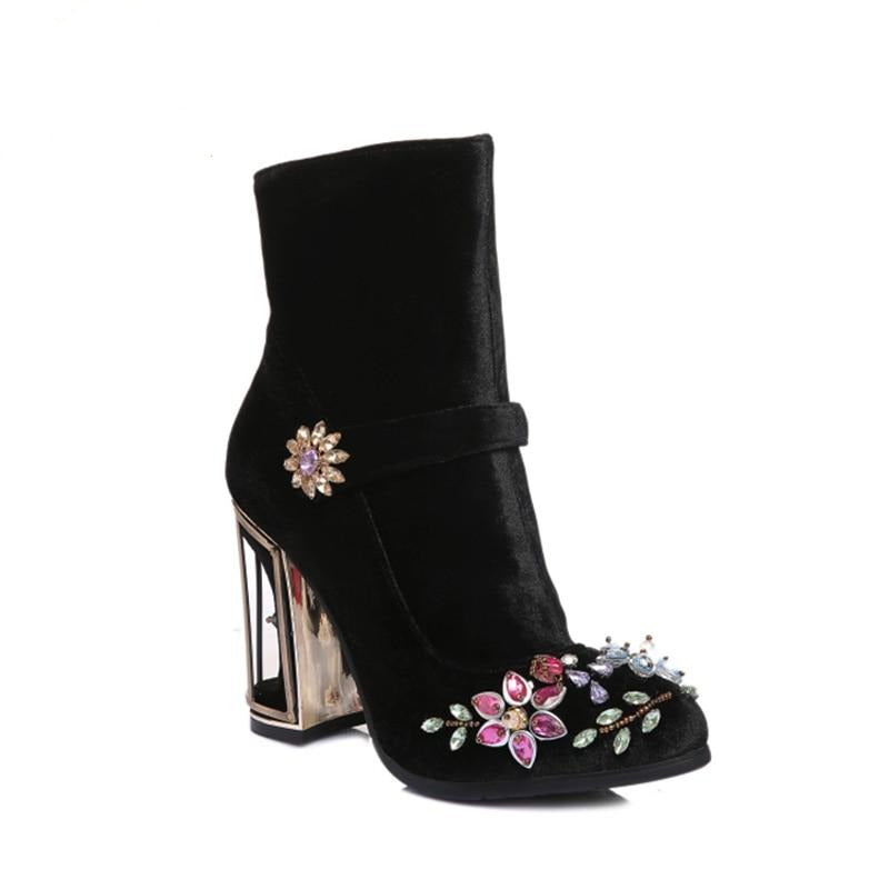 black rhinestone flower women boots for wedding retro ladies ankle boots bird cage high heels zipper velvet shoes FT466 - LiveTrendsX