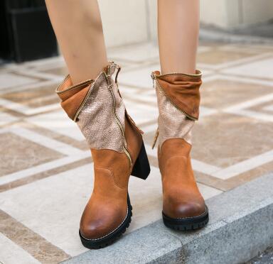 Brown Leather Lady Vintage Style Boots Rivets Zipper Decor Block Heel Bootie High Quality Chelsea Boots Female - LiveTrendsX