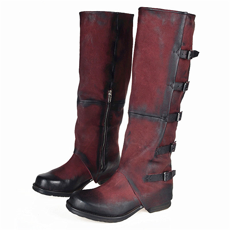 Original High Quality Genuine Leather Buckle Do Old Knee High Boots Solid Zipper Square Toe Warm Mid Heel Boots - LiveTrendsX