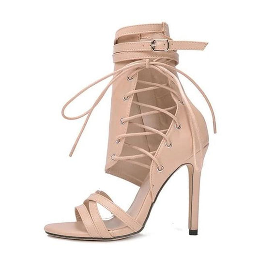 Roman Buckle Strap Shoes Women Sandals Sexy Gladiator Lace Up Peep Toe Sandals High Heels Woman Ankle Boots Black Aprict - LiveTrendsX