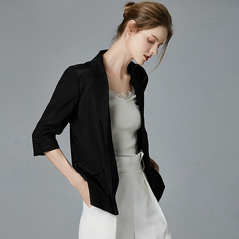 High Quality Blazers Women Suit 100% Silk Fabric Simple Design Three-quarter Sleeve Single Button 2 Colors Suit - LiveTrendsX