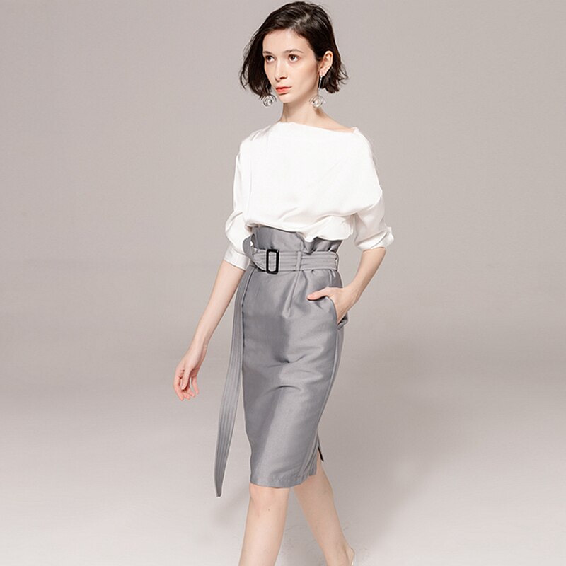 Suits Women Two Pieces Set 100% Polyester Slash Neck Fabric Long Sleeves Sashes Pockets High Waist Skirt - LiveTrendsX