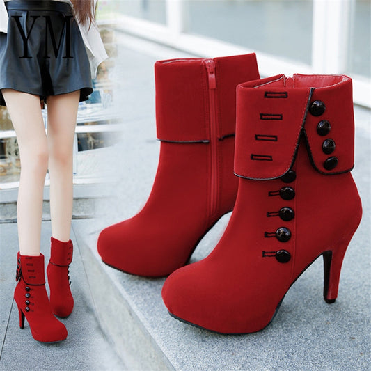 Fashion Women Ankle Boots High Heels Fashion Red Shoes Woman Platform Flock Buckle Boots Ladies Shoes Female PLUE 42 - LiveTrendsX