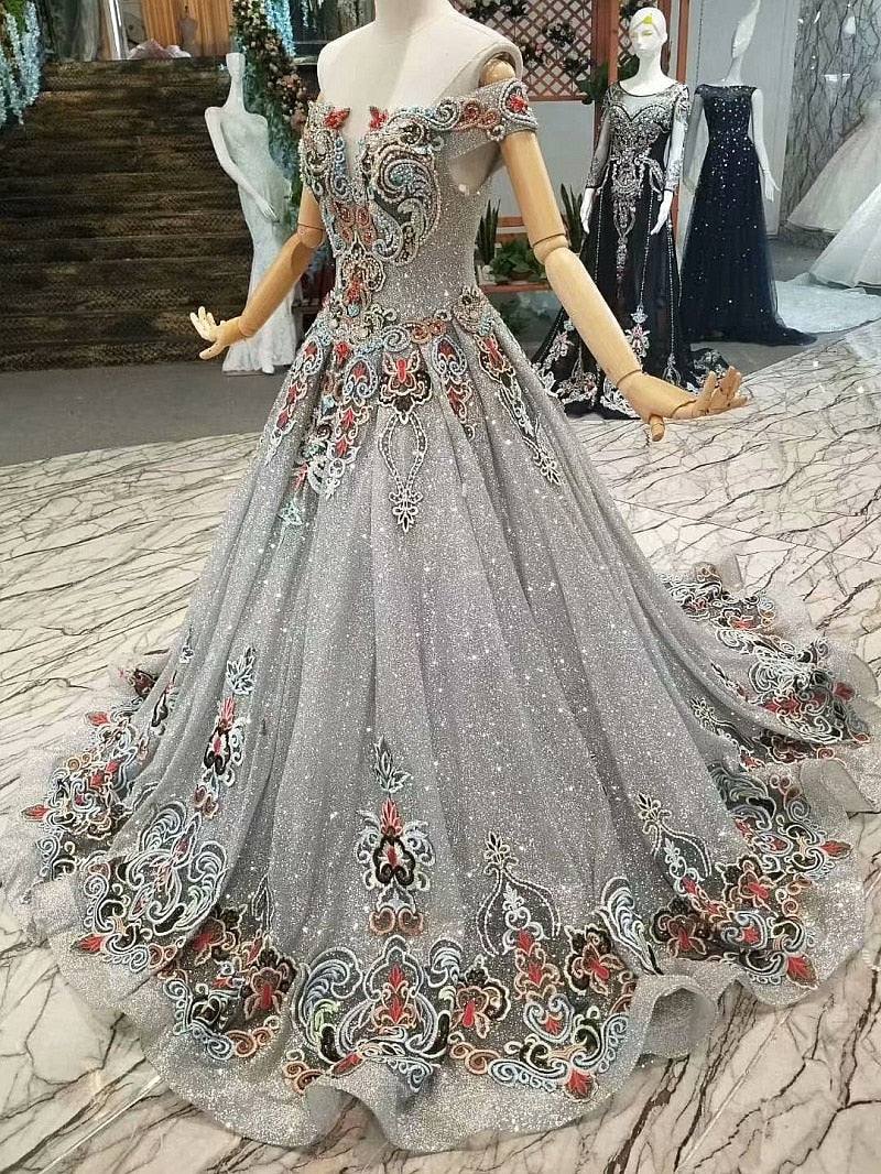 grey shiny mothers of brides wedding party dresses off shoulder sweetheart bling a-line evening dress with brush train - LiveTrendsX