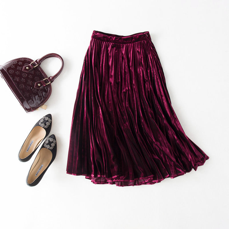 Velvet Pleated Skirt Women 95% Cotton Blended Fabric Elegant Style Classic Design 3 Colors High Quality Skirts - LiveTrendsX