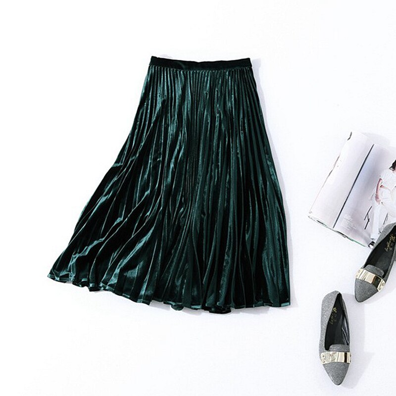 Velvet Pleated Skirt Women 95% Cotton Blended Fabric Elegant Style Classic Design 3 Colors High Quality Skirts - LiveTrendsX