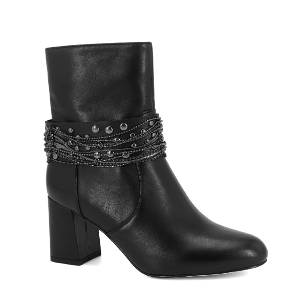 Black Genuine Leather Ankle Boot Metal Chain Square Heels Handmade Shoes Warm Office Lady Solid Retro Woman Boots B79 - LiveTrendsX