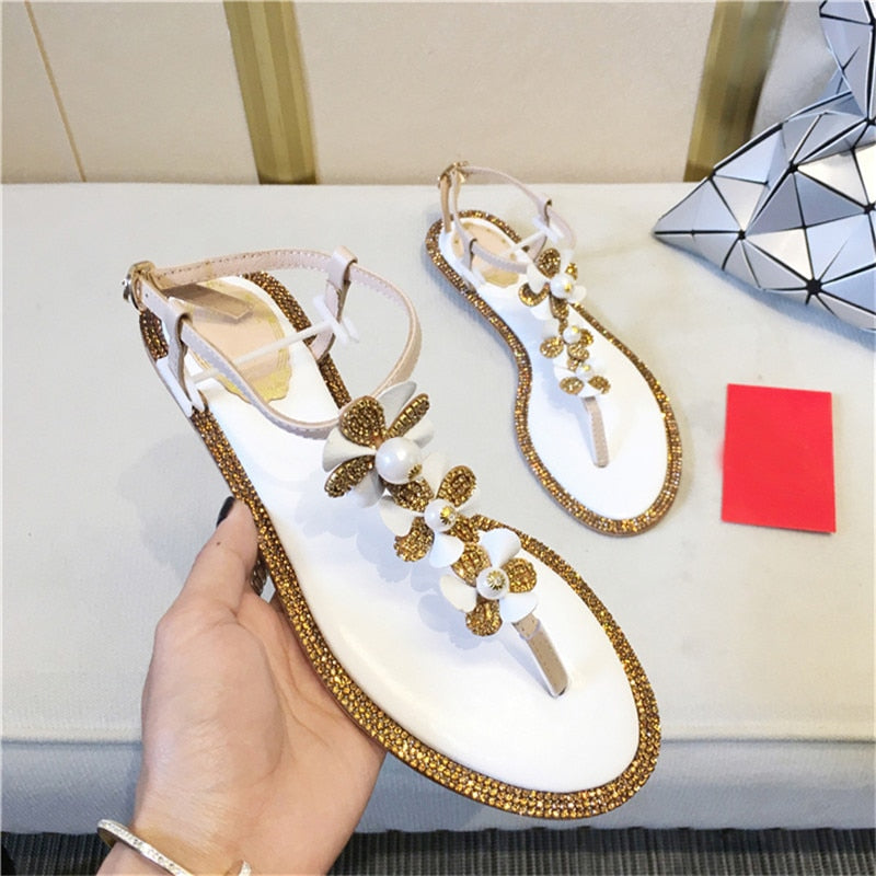Woman Luxury Crystal Flower Pearl Embellished Flat Blingbling Glitter Sandals Summer Beach Shoes Women Thong Sandals Flip-flops - LiveTrendsX