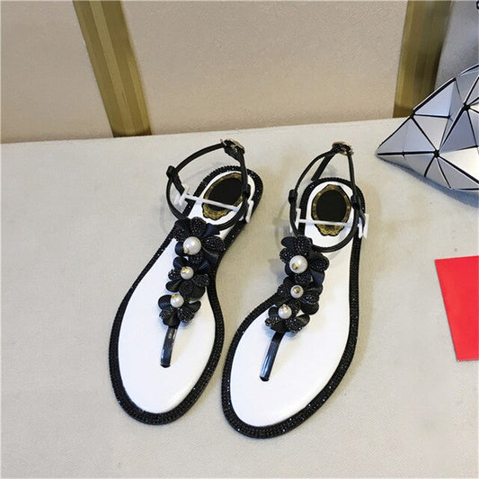 Woman Luxury Crystal Flower Pearl Embellished Flat Blingbling Glitter Sandals Summer Beach Shoes Women Thong Sandals Flip-flops - LiveTrendsX
