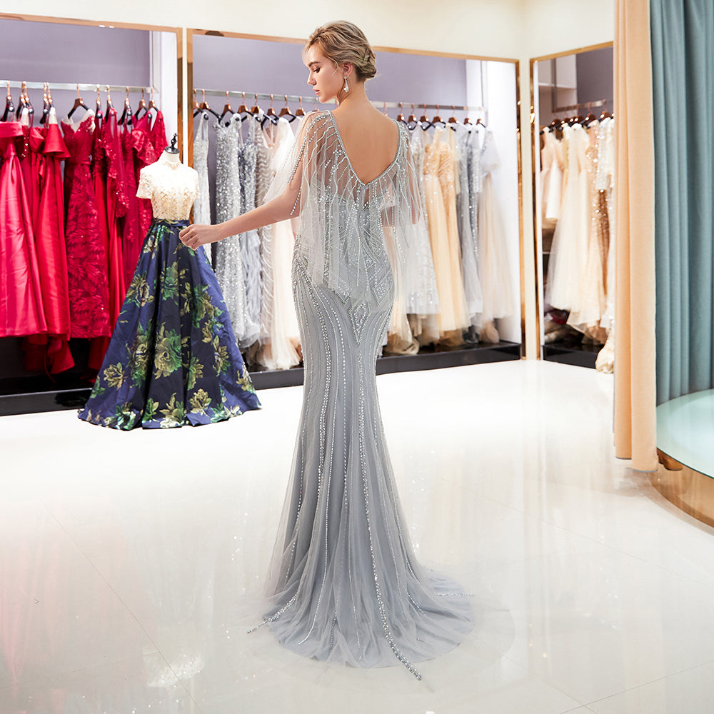 Gray evening dress Crystal Sequins Beaded Long Mermaid Evening Gown Scoop Neckline Long dress - LiveTrendsX