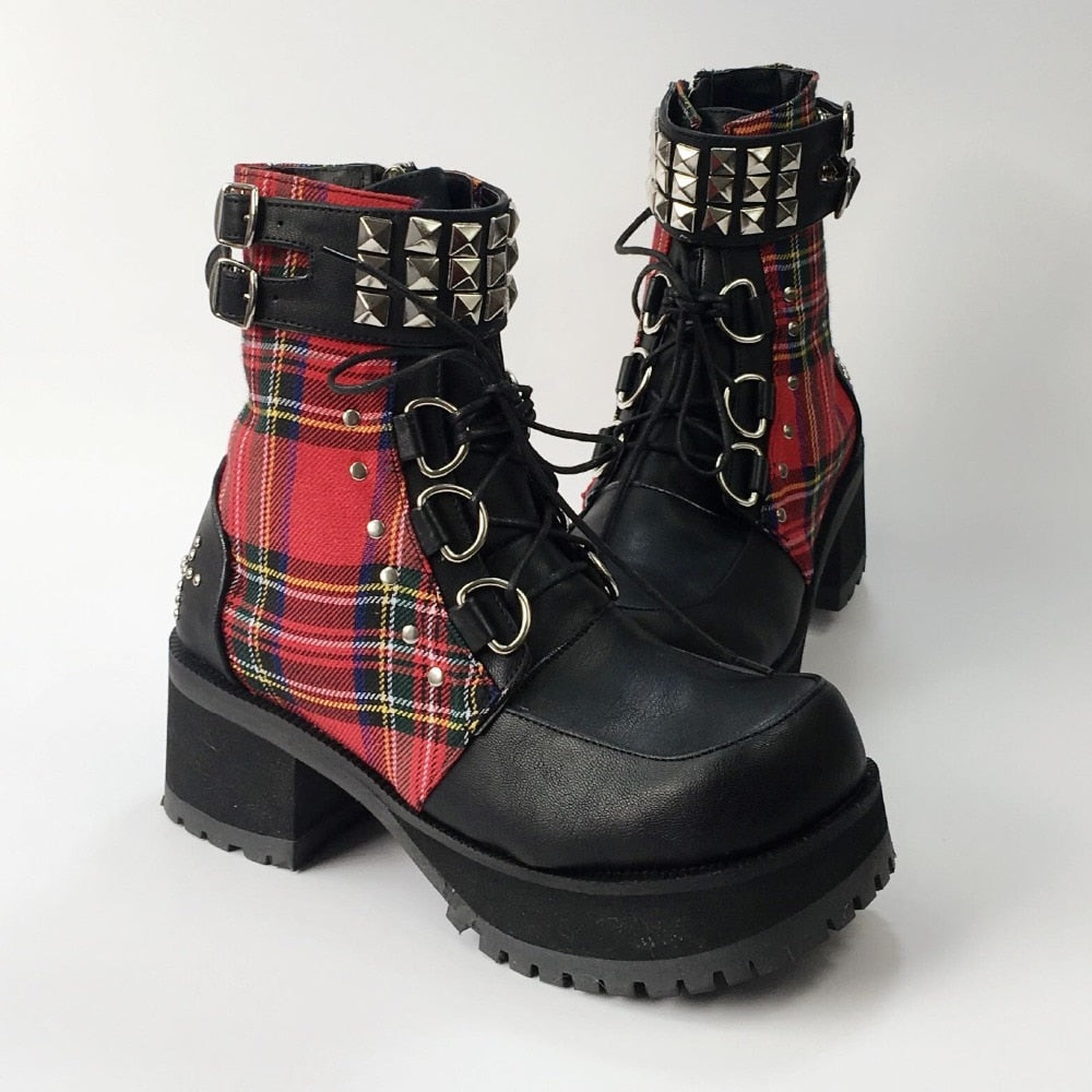 Classic Black Red Plaids Rivet Gothic Punk Rock Lace-up Lolita Ankle Boots  Chunky Heels Thick Platform Punk Lolita Cosplay Boot - LiveTrendsX
