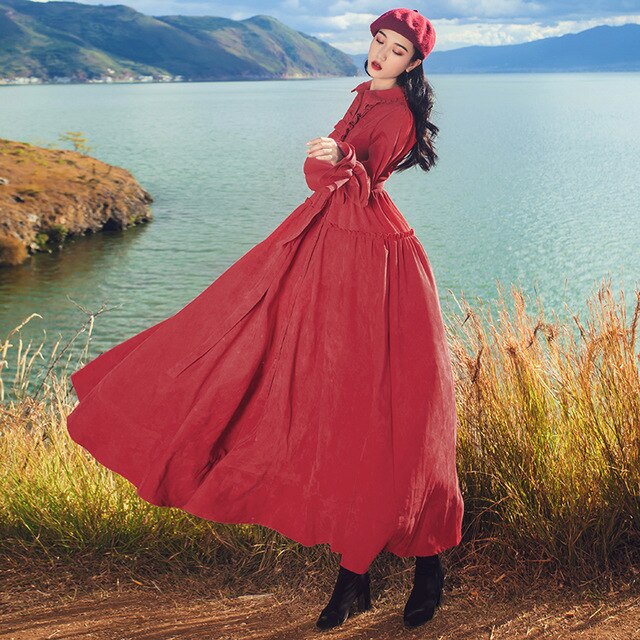 Vintage Red Corduroy A-line Maxi Long Shirt Dress Fall Winter Women Ruffle Collar Retro Medieval Big Swing Dress Robe with Belt - LiveTrendsX