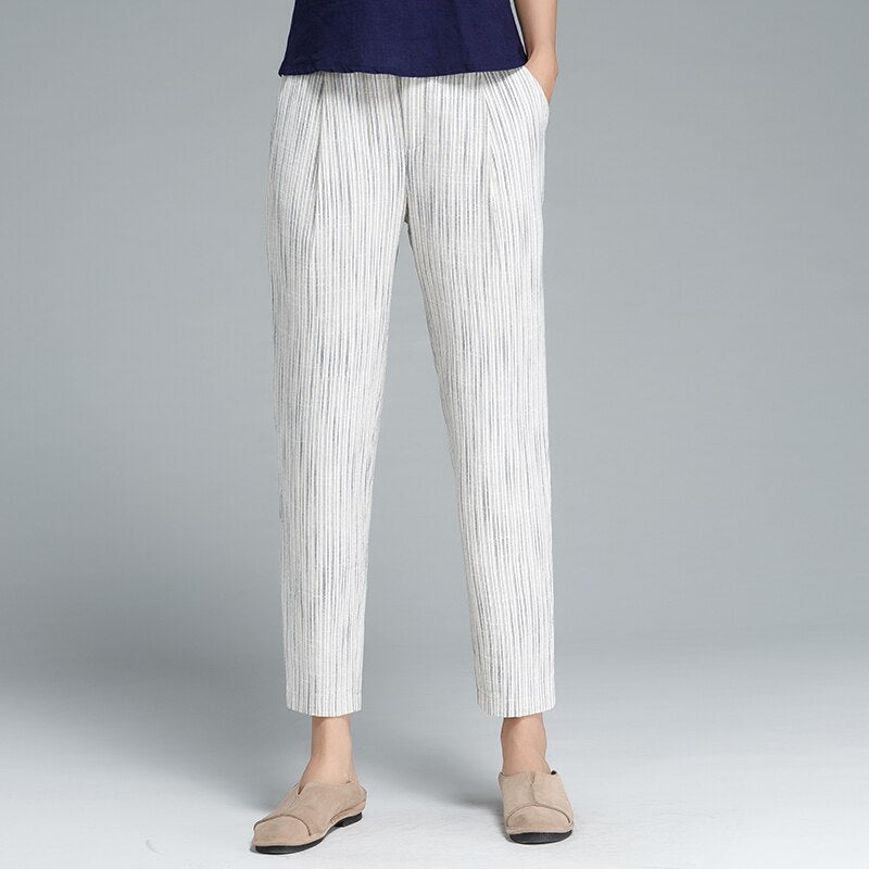 Pants Women 40% Linen 40% Cotton Blended Mid Elastic Waist Pockets Calf-length Pants Simple Design Plus Sizes - LiveTrendsX