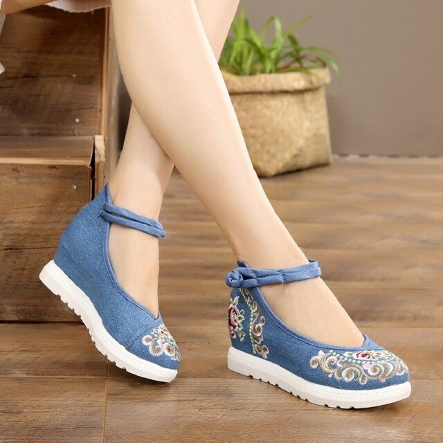 Women Canvas Increasing Height Ankle Strap Spring Autumn Shoes China Style Vintage Embroiders Wedges Heels Lady Shoes 20180907 - LiveTrendsX