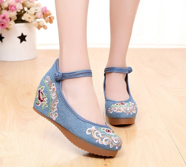 Women Canvas Increasing Height Ankle Strap Spring Autumn Shoes China Style Vintage Embroiders Wedges Heels Lady Shoes 20180907 - LiveTrendsX
