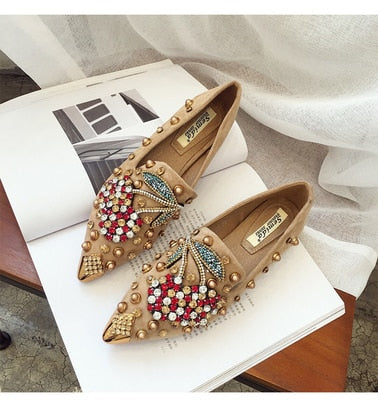 Woman Flats Shoes Rhinestone Cherry 2019 Spring New Female Metal Pointed Toe Casaul Shoes Comfortable Flats Loafers Shoes - LiveTrendsX