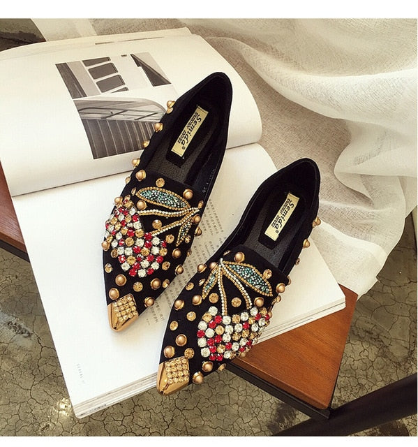 Woman Flats Shoes Rhinestone Cherry 2019 Spring New Female Metal Pointed Toe Casaul Shoes Comfortable Flats Loafers Shoes - LiveTrendsX