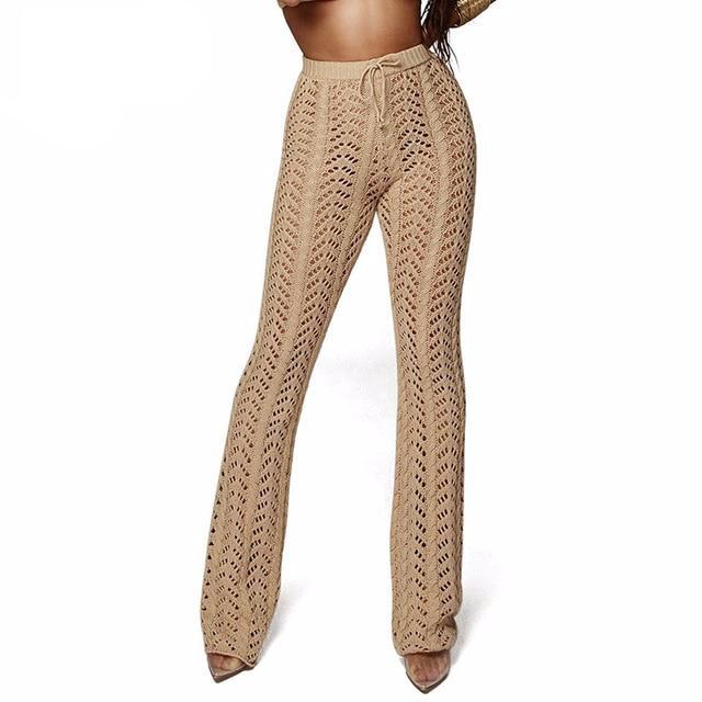 Women Summer Beach Knitted Hollow Out Pants See Through Mesh Crochet Flare Pant Sexy Bodycon Party Trousers Clubwear - LiveTrendsX