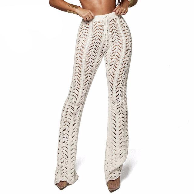 Women Summer Beach Knitted Hollow Out Pants See Through Mesh Crochet Flare Pant Sexy Bodycon Party Trousers Clubwear - LiveTrendsX